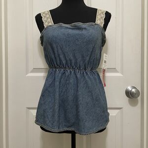 Vintage Hotkiss Denim Peplum Tank Top Lace Straps Y2K USA Made Medium Coquette‎